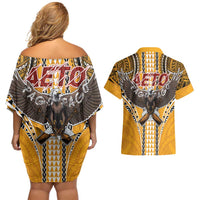 Samoa Pago Pago Aeto Couples Matching Off Shoulder Short Dress and Hawaiian Shirt Bald Eagle with Polynesian Art Tattoos - Polynesian Pride