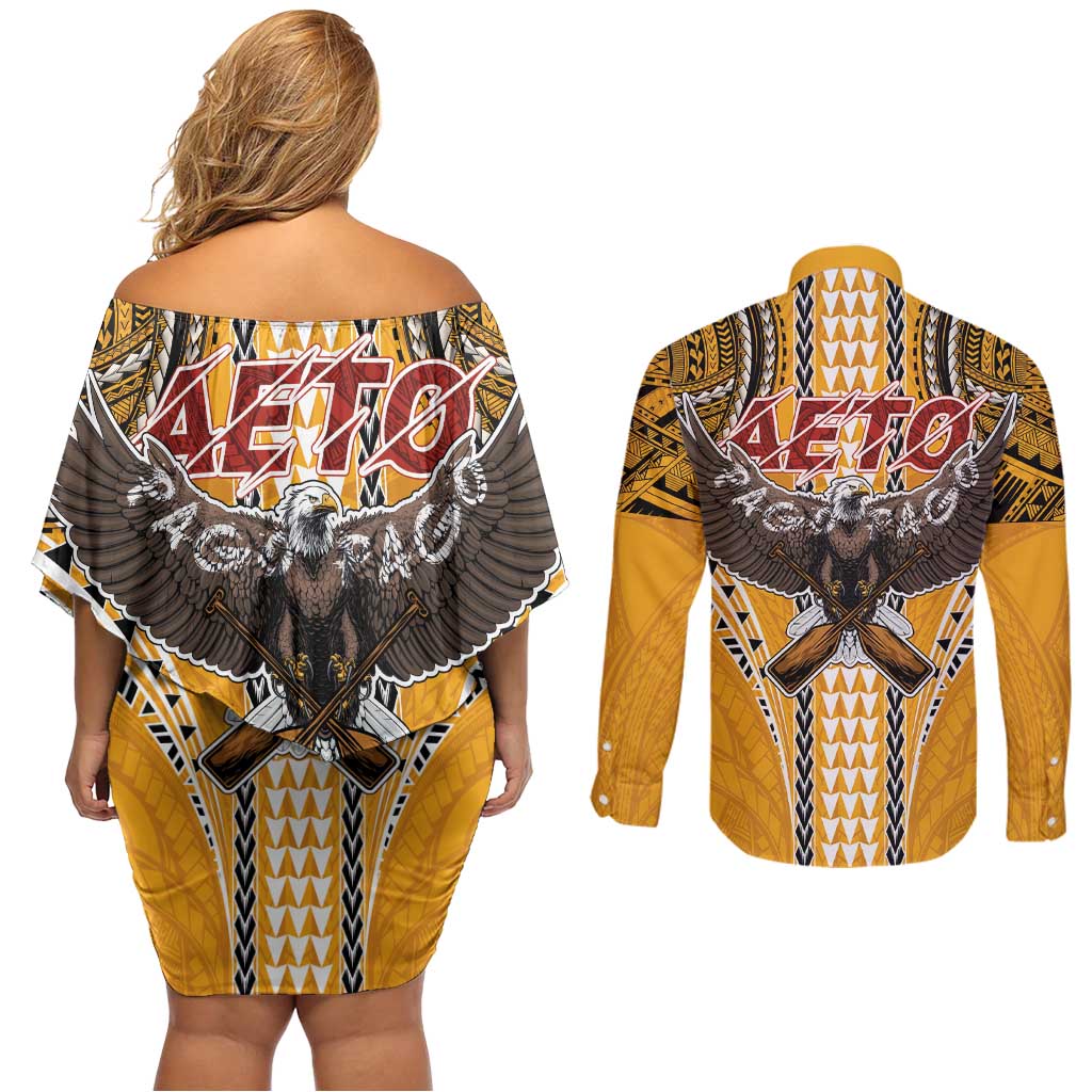 Samoa Pago Pago Aeto Couples Matching Off Shoulder Short Dress and Long Sleeve Button Shirt Bald Eagle with Polynesian Art Tattoos - Polynesian Pride