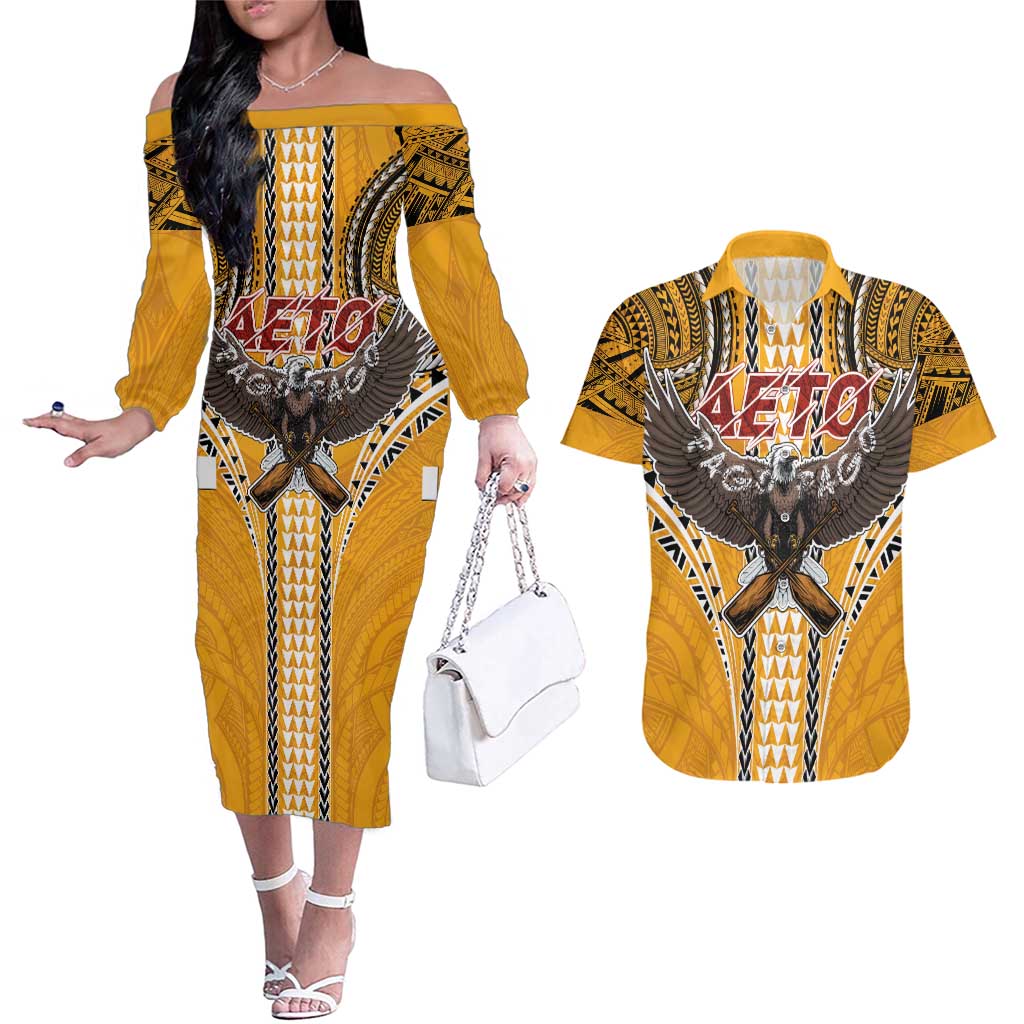 Samoa Pago Pago Aeto Couples Matching Off The Shoulder Long Sleeve Dress and Hawaiian Shirt Bald Eagle with Polynesian Art Tattoos - Polynesian Pride