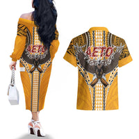 Samoa Pago Pago Aeto Couples Matching Off The Shoulder Long Sleeve Dress and Hawaiian Shirt Bald Eagle with Polynesian Art Tattoos - Polynesian Pride
