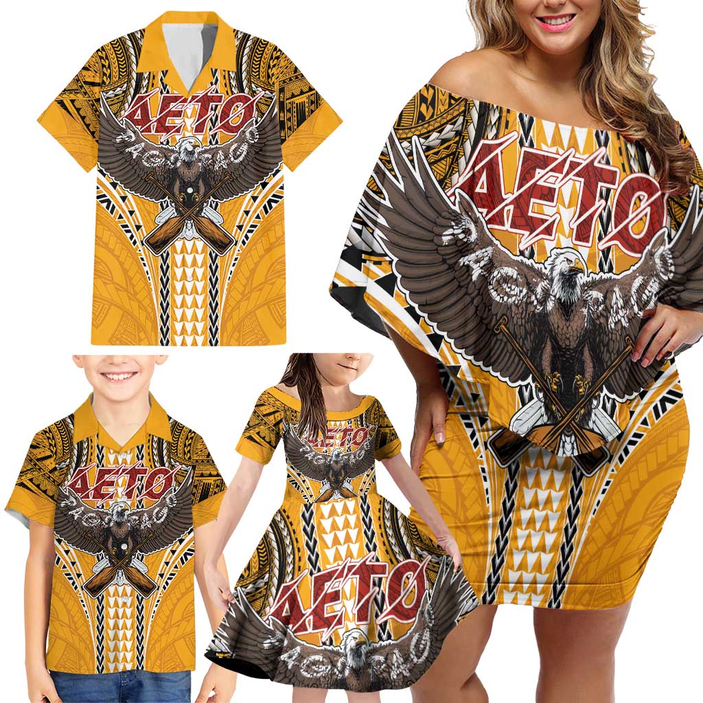 Samoa Pago Pago Aeto Family Matching Off Shoulder Short Dress and Hawaiian Shirt Bald Eagle with Polynesian Art Tattoos - Polynesian Pride