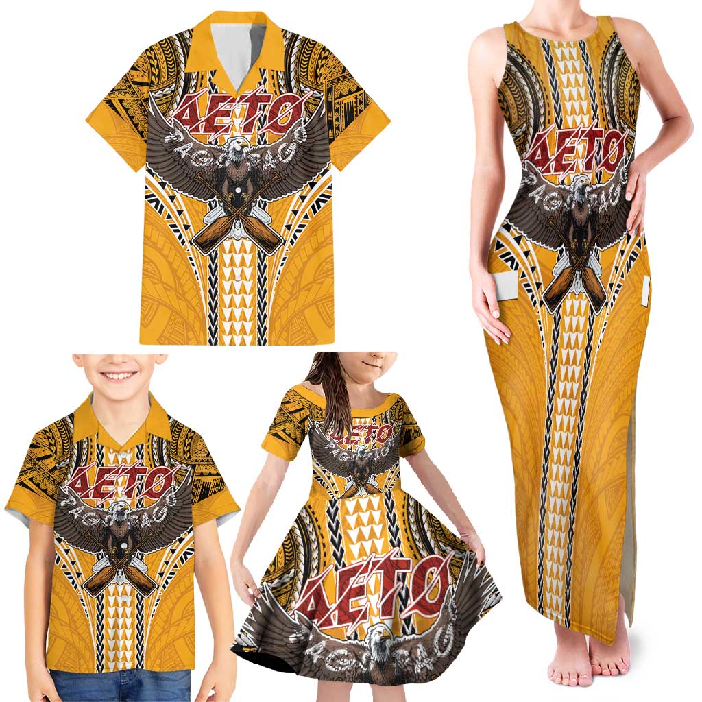 Samoa Pago Pago Aeto Family Matching Tank Maxi Dress and Hawaiian Shirt Bald Eagle with Polynesian Art Tattoos - Polynesian Pride