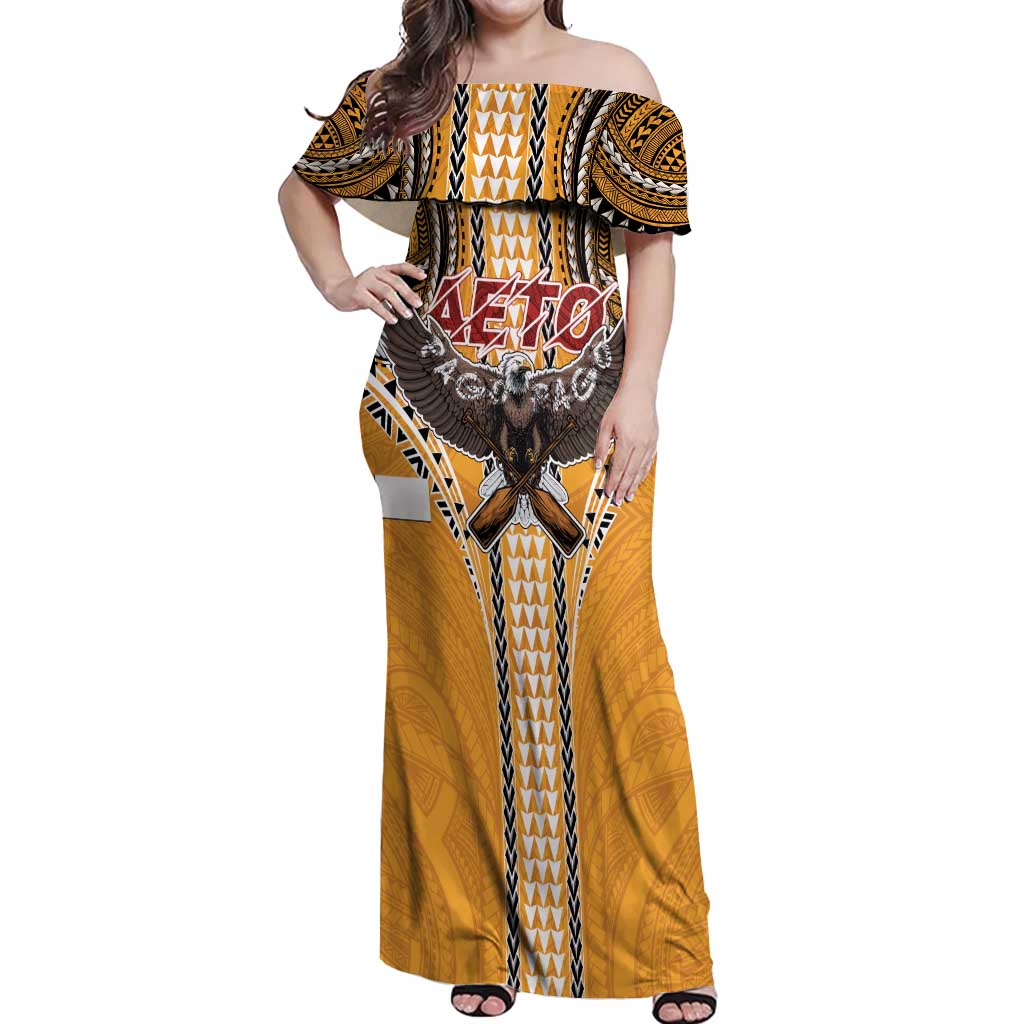 Samoa Pago Pago Aeto Off Shoulder Maxi Dress Bald Eagle with Polynesian Art Tattoos - Polynesian Pride