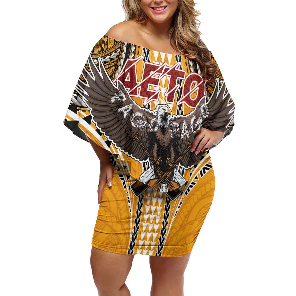Samoa Pago Pago Aeto Off Shoulder Short Dress Bald Eagle with Polynesian Art Tattoos - Polynesian Pride