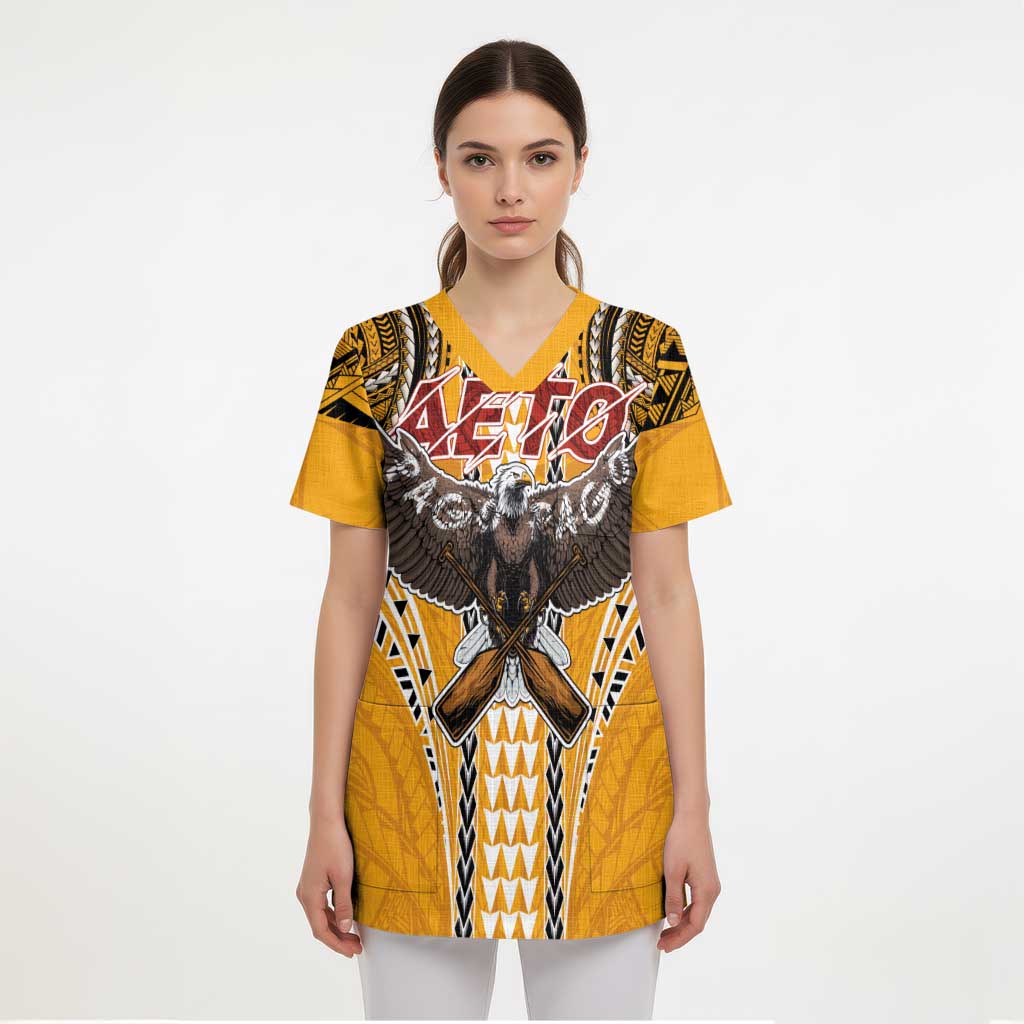 American Samoa Pago Pago Aeto Scrub Top Bald Eagle with Polynesian Art Tattoos - Polynesian Pride