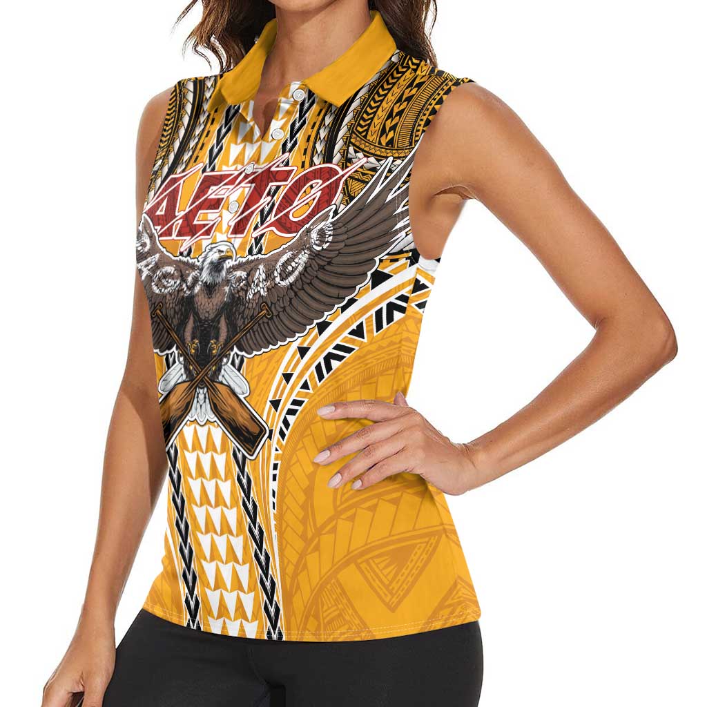 Samoa Pago Pago Aeto Women Sleeveless Polo Shirt Bald Eagle with Polynesian Art Tattoos - Polynesian Pride