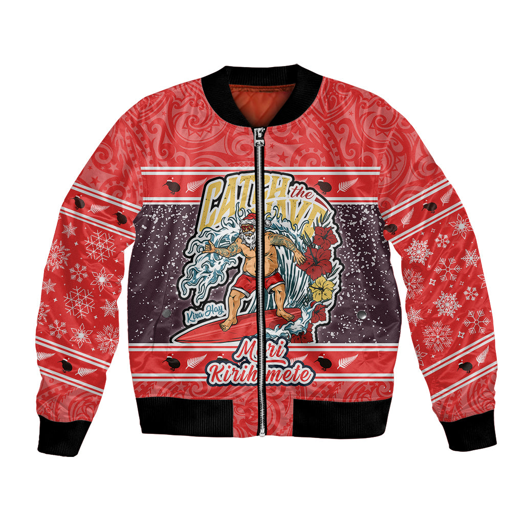 New Zealand Christmas Bomber Jacket Santa Catch The Wave Maori Pattern Retro Style LT03 Unisex Red - Polynesian Pride