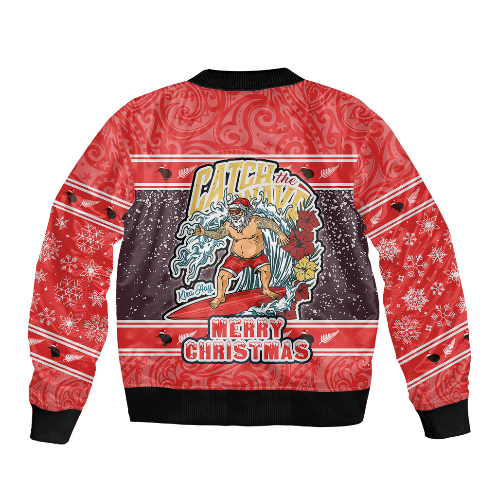 New Zealand Christmas Bomber Jacket Santa Catch The Wave Maori Pattern Retro Style LT03 - Polynesian Pride