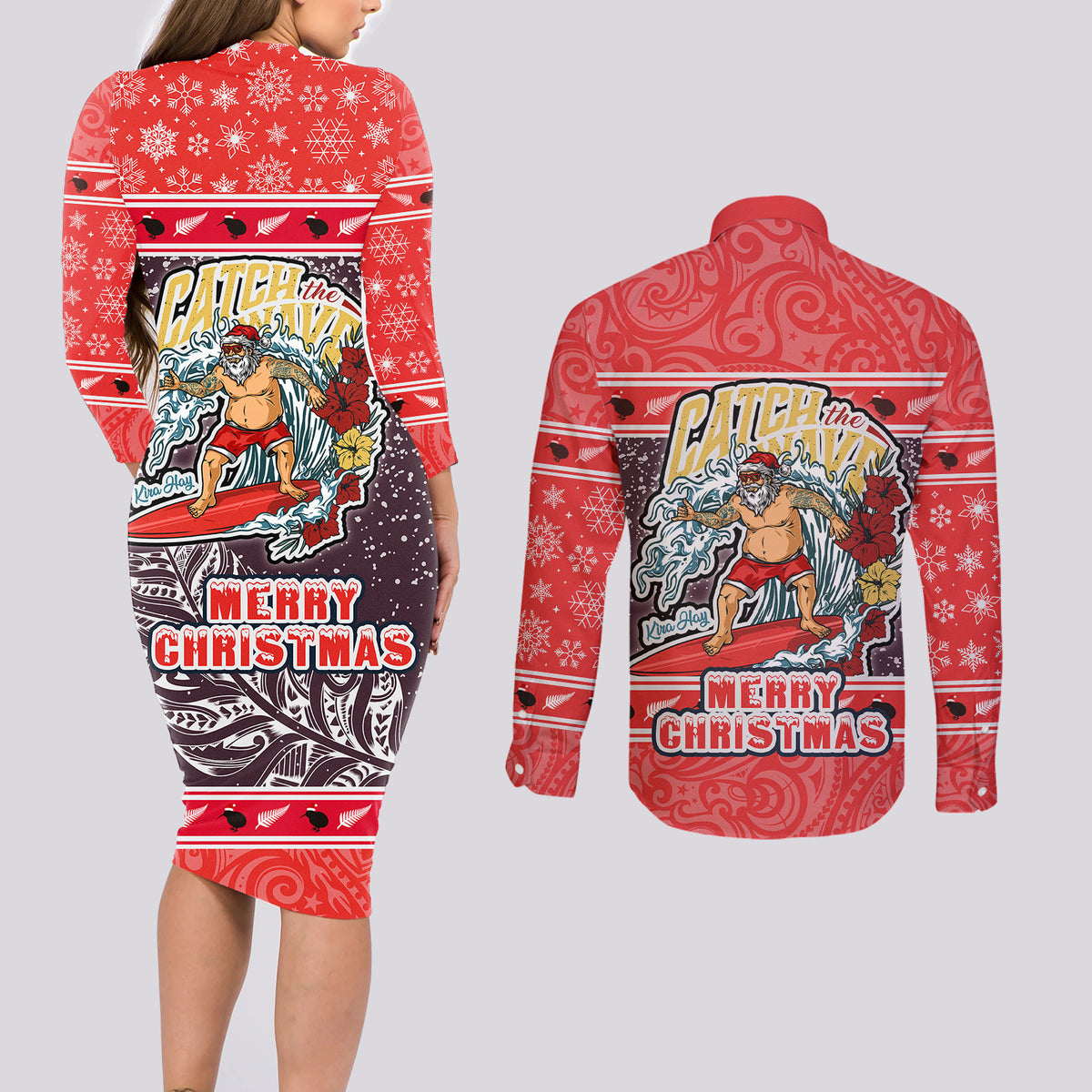 new-zealand-christmas-couples-matching-long-sleeve-bodycon-dress-and-long-sleeve-button-shirts-santa-catch-the-wave-maori-pattern-retro-style