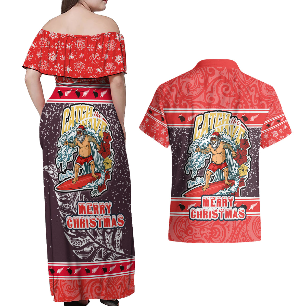 New Zealand Christmas Couples Matching Off Shoulder Maxi Dress and Hawaiian Shirt Santa Catch The Wave Maori Pattern Retro Style LT03 - Polynesian Pride