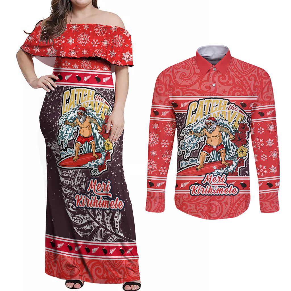 New Zealand Christmas Couples Matching Off Shoulder Maxi Dress and Long Sleeve Button Shirts Santa Catch The Wave Maori Pattern Retro Style LT03 Red - Polynesian Pride
