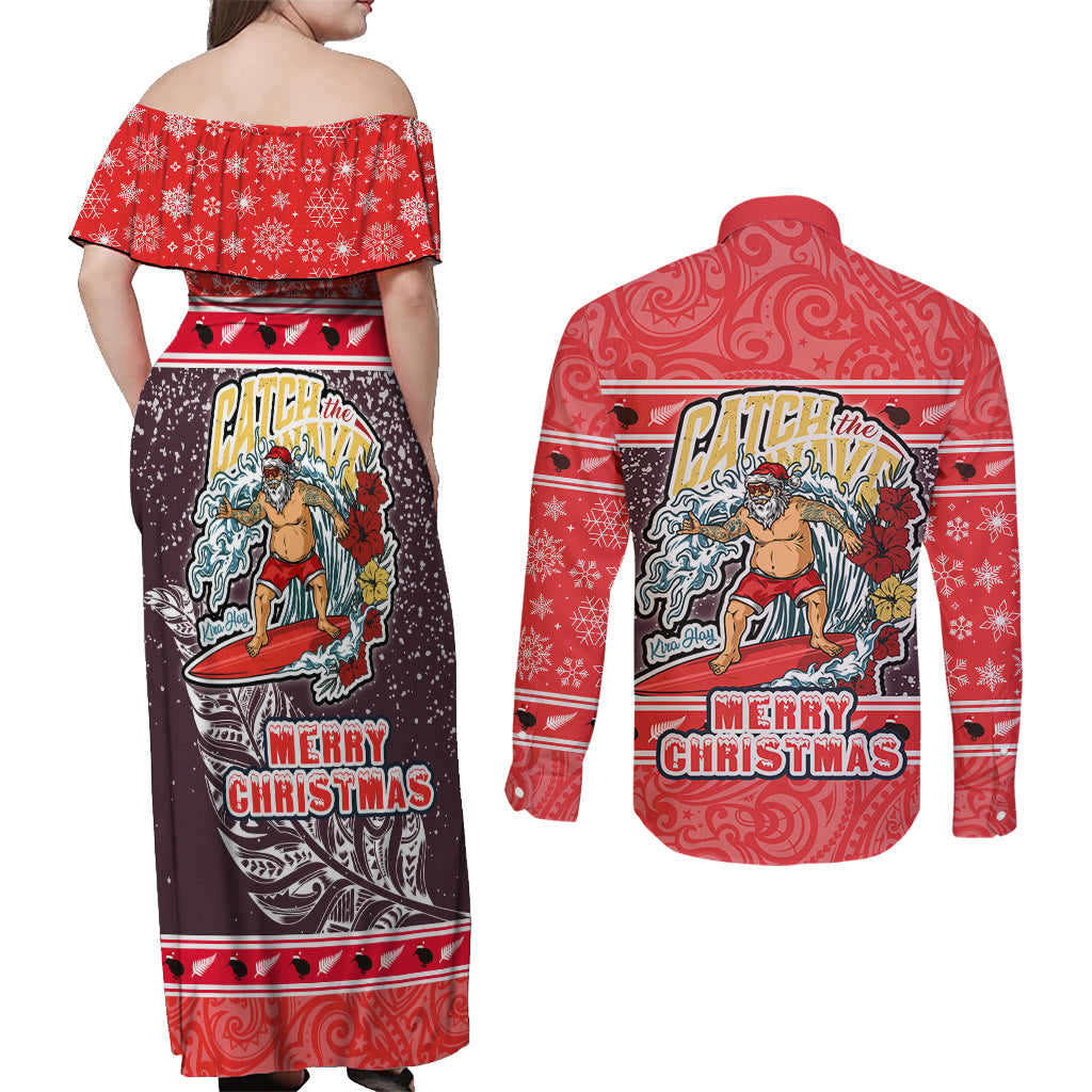 new-zealand-christmas-couples-matching-off-shoulder-maxi-dress-and-long-sleeve-button-shirts-santa-catch-the-wave-maori-pattern-retro-style