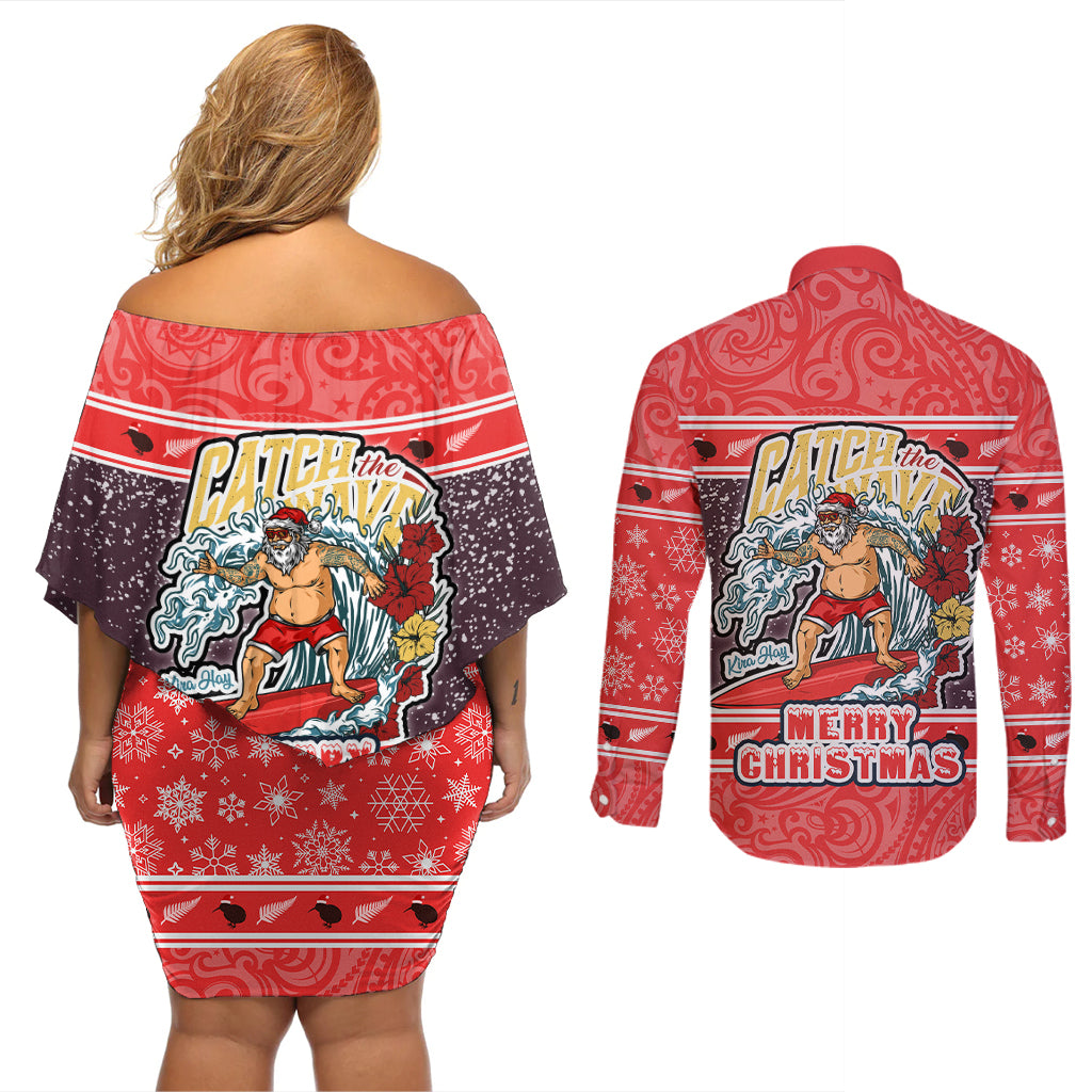 New Zealand Christmas Couples Matching Off Shoulder Short Dress and Long Sleeve Button Shirts Santa Catch The Wave Maori Pattern Retro Style LT03 - Polynesian Pride