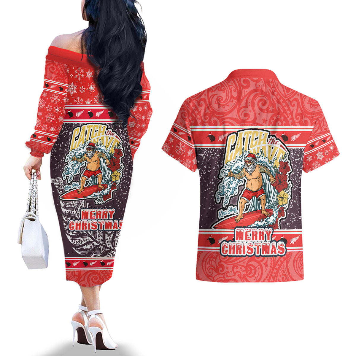 new-zealand-christmas-couples-matching-off-the-shoulder-long-sleeve-dress-and-hawaiian-shirt-santa-catch-the-wave-maori-pattern-retro-style