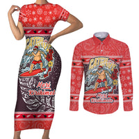 New Zealand Christmas Couples Matching Short Sleeve Bodycon Dress and Long Sleeve Button Shirts Santa Catch The Wave Maori Pattern Retro Style LT03 Red - Polynesian Pride