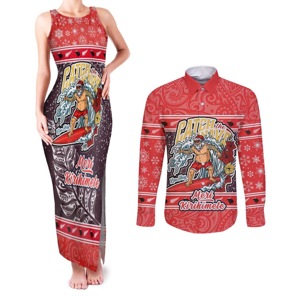new-zealand-christmas-couples-matching-tank-maxi-dress-and-long-sleeve-button-shirts-santa-catch-the-wave-maori-pattern-retro-style