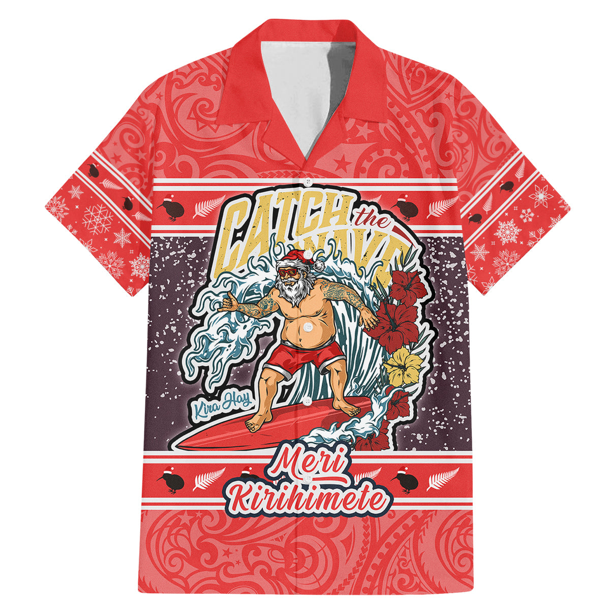 New Zealand Christmas Family Matching Mermaid Dress and Hawaiian Shirt Santa Catch The Wave Maori Pattern Retro Style LT03 Dad's Shirt - Short Sleeve Red - Polynesian Pride