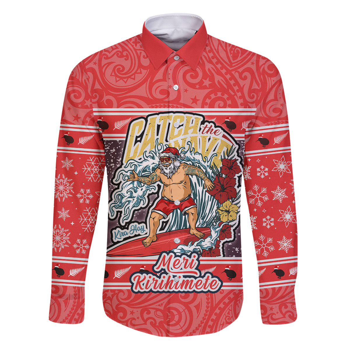 new-zealand-christmas-family-matching-mermaid-dress-and-hawaiian-shirt-santa-catch-the-wave-maori-pattern-retro-style