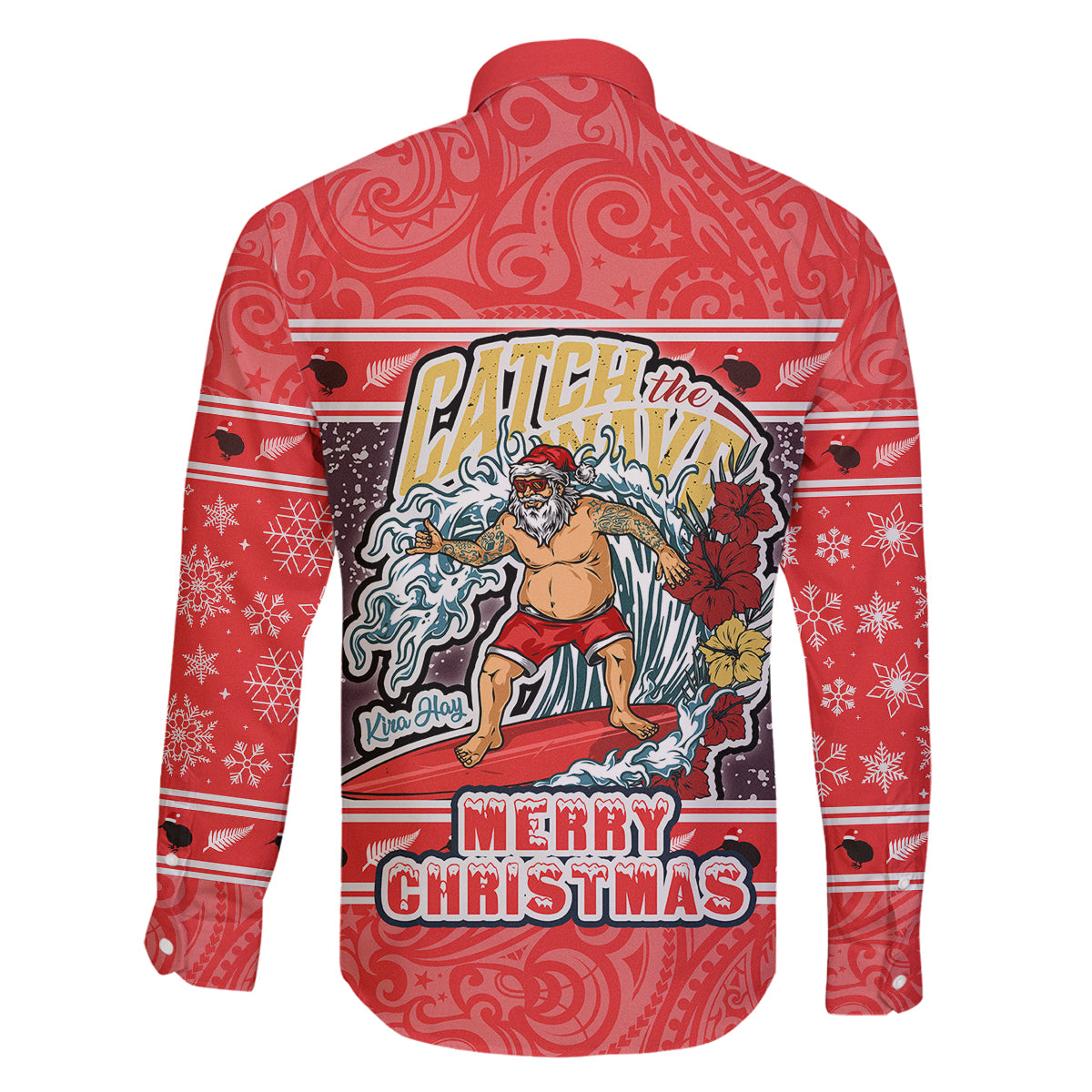 new-zealand-christmas-family-matching-off-shoulder-short-dress-and-hawaiian-shirt-santa-catch-the-wave-maori-pattern-retro-style