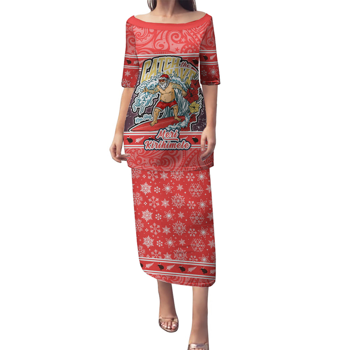 New Zealand Christmas Family Matching Puletasi Dress and Hawaiian Shirt Santa Catch The Wave Maori Pattern Retro Style LT03 Mom's Dress Red - Polynesian Pride