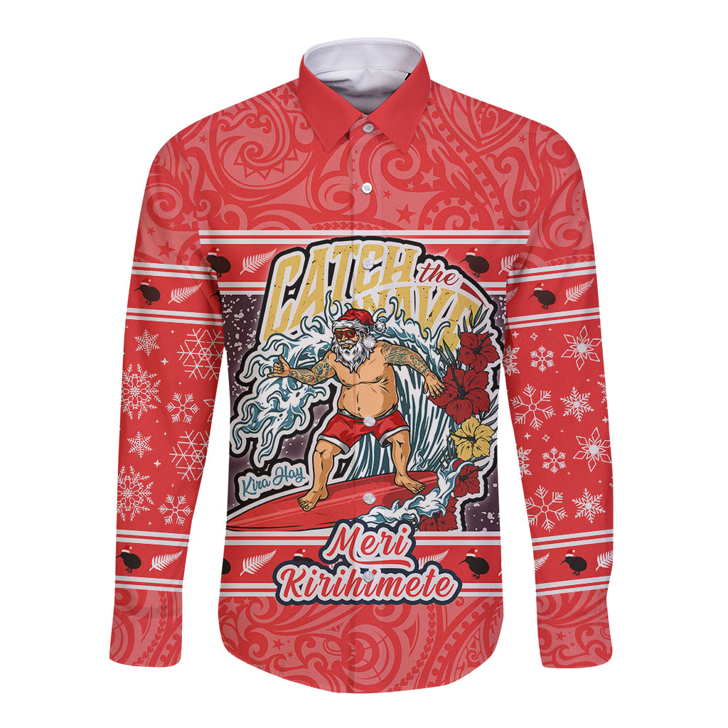 new-zealand-christmas-long-sleeve-button-shirt-santa-catch-the-wave-maori-pattern-retro-style