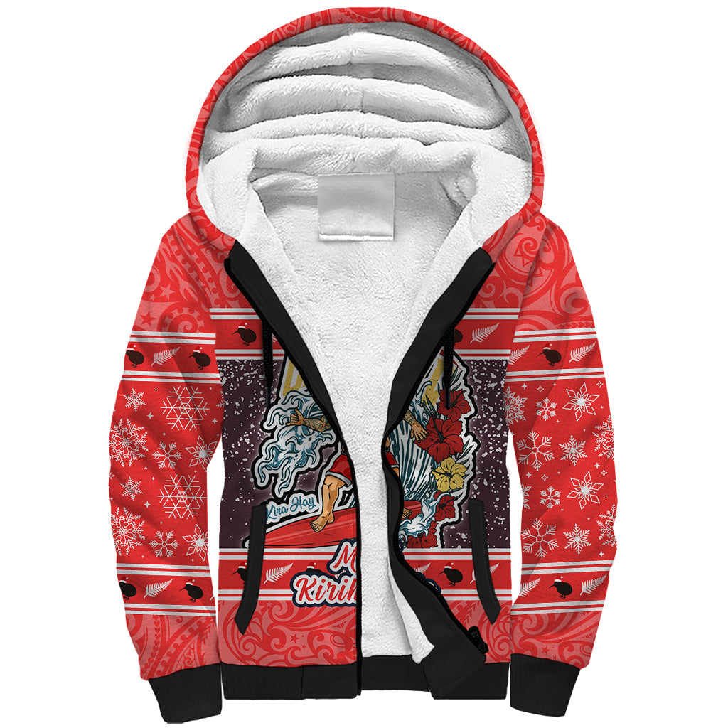 New Zealand Christmas Sherpa Hoodie Santa Catch The Wave Maori Pattern Retro Style LT03 Unisex Red - Polynesian Pride