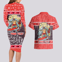 Custom New Zealand Christmas Couples Matching Long Sleeve Bodycon Dress and Hawaiian Shirt Santa Catch The Wave Maori Pattern Retro Style LT03 - Polynesian Pride