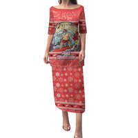Custom New Zealand Christmas Family Matching Puletasi Dress and Hawaiian Shirt Santa Catch The Wave Maori Pattern Retro Style LT03 Mom's Dress Red - Polynesian Pride