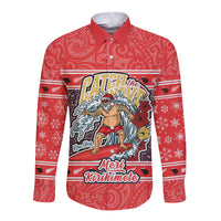 Custom New Zealand Christmas Long Sleeve Button Shirt Santa Catch The Wave Maori Pattern Retro Style LT03 Unisex Red - Polynesian Pride