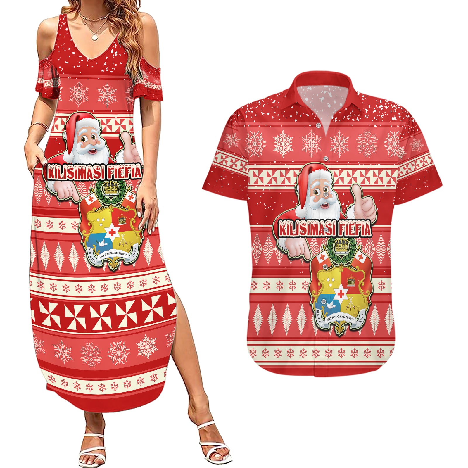 tonga-christmas-couples-matching-summer-maxi-dress-and-hawaiian-shirt-the-santa-coat-of-arms-with-ngatu-and-snow-pattern
