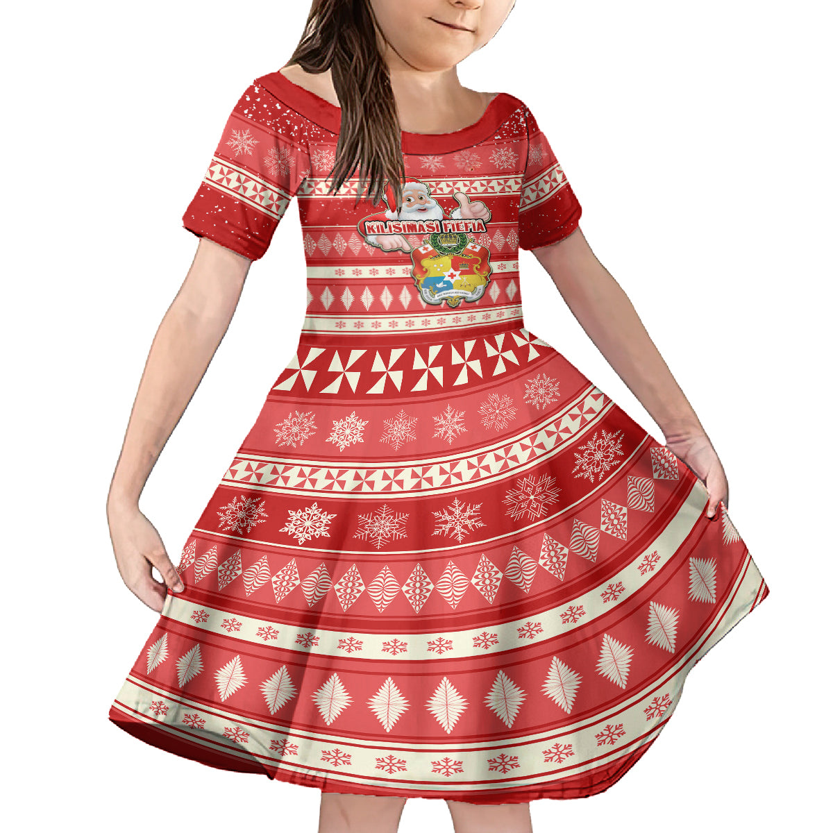 tonga-christmas-kid-short-sleeve-dress-the-santa-coat-of-arms-with-ngatu-and-snow-pattern