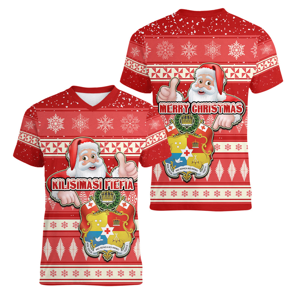 tonga-christmas-women-v-neck-t-shirt-the-santa-coat-of-arms-with-ngatu-and-snow-pattern