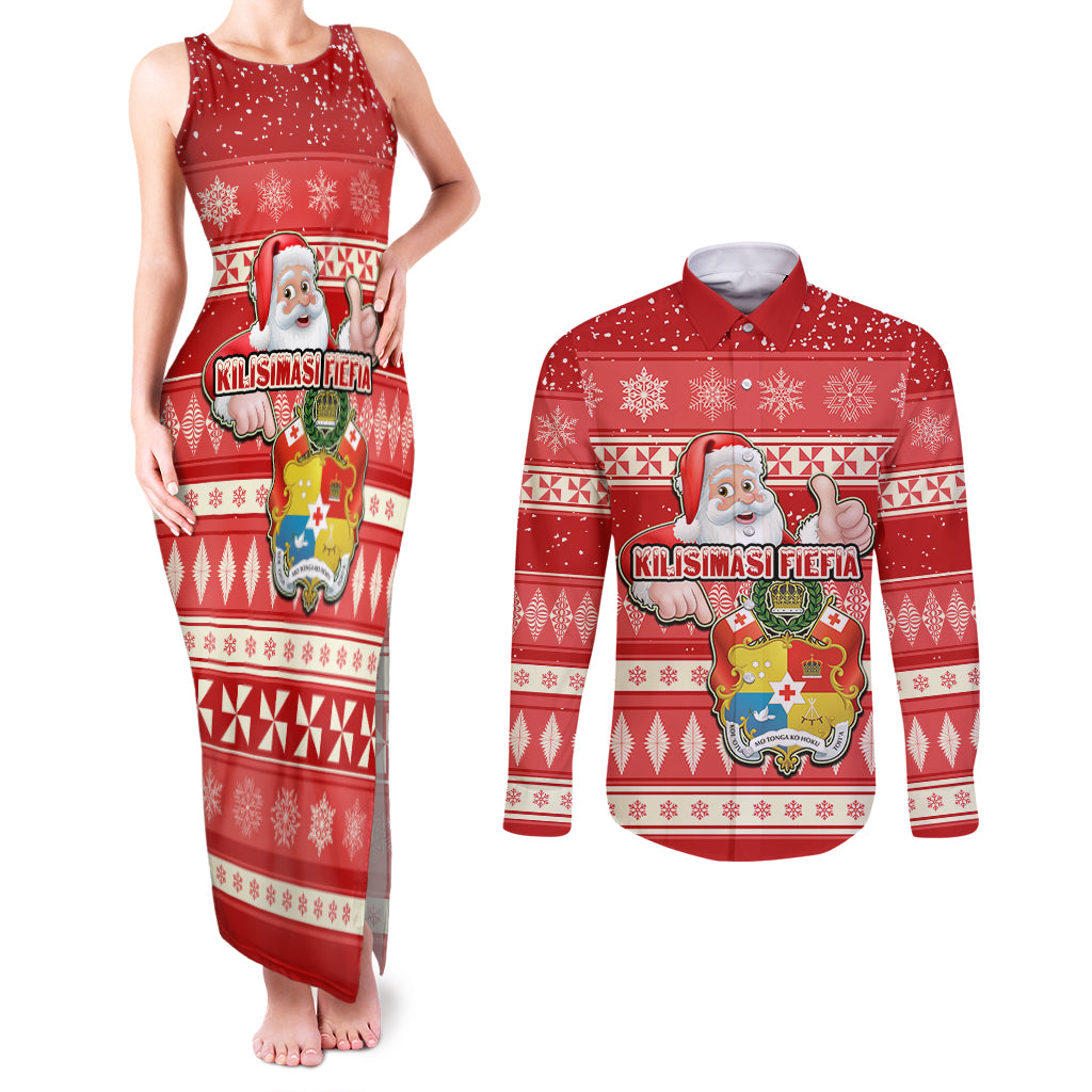custom-tonga-christmas-couples-matching-tank-maxi-dress-and-long-sleeve-button-shirts-the-santa-coat-of-arms-with-ngatu-and-snow-pattern