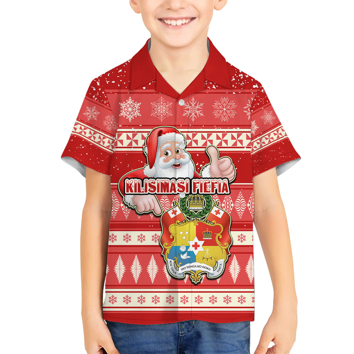 Custom Tonga Christmas Family Matching Off Shoulder Short Dress and Hawaiian Shirt The Santa Coat of Arms with Ngatu and Snow Pattern LT03 Son's Shirt Red - Polynesian Pride