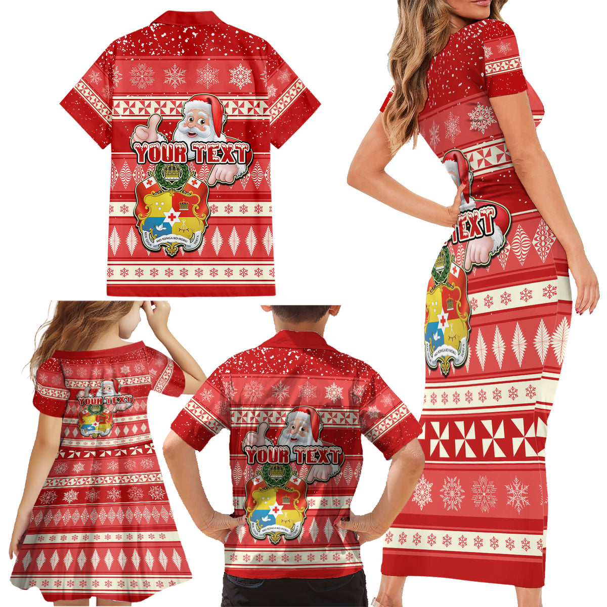 Custom Tonga Christmas Family Matching Short Sleeve Bodycon Dress and Hawaiian Shirt The Santa Coat of Arms with Ngatu and Snow Pattern LT03 - Polynesian Pride