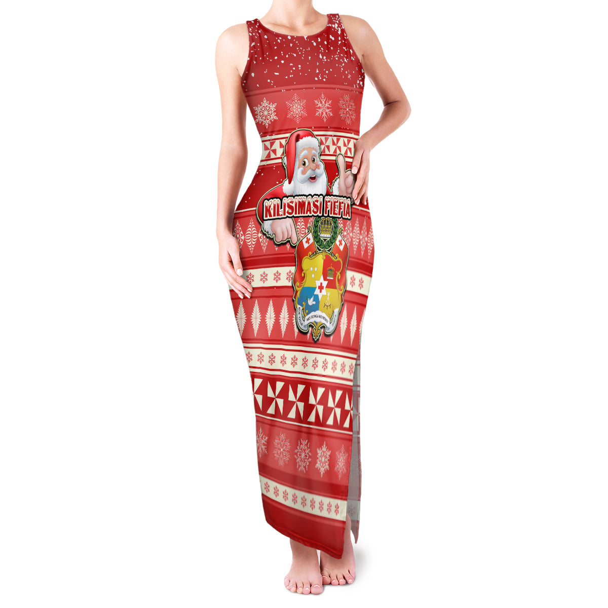 Custom Tonga Christmas Family Matching Tank Maxi Dress and Hawaiian Shirt The Santa Coat of Arms with Ngatu and Snow Pattern LT03 Mom's Dress Red - Polynesian Pride