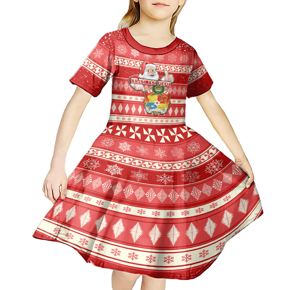 custom-tonga-christmas-kid-short-sleeve-dress-the-santa-coat-of-arms-with-ngatu-and-snow-pattern