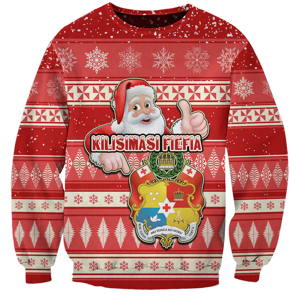 Custom Tonga Christmas Sweatshirt The Santa Coat of Arms with Ngatu and Snow Pattern LT03 Unisex Red - Polynesian Pride
