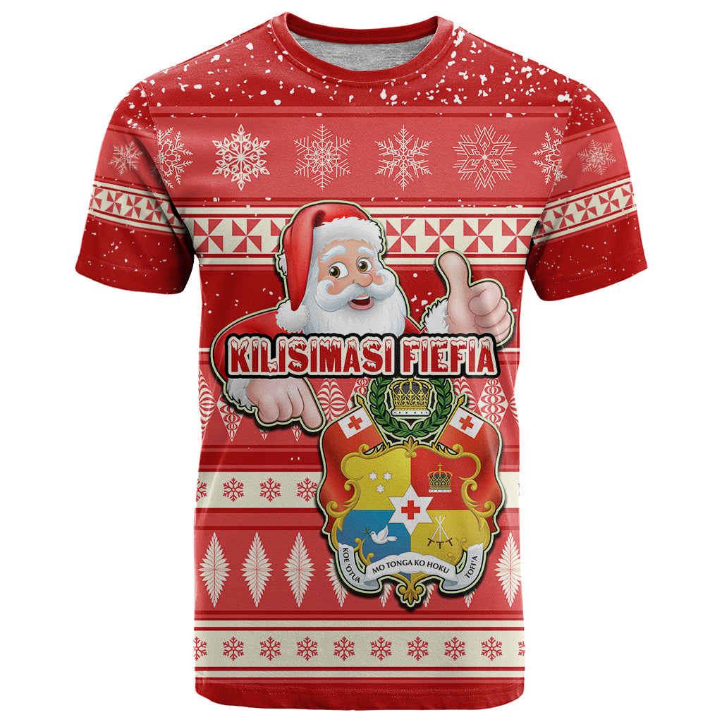 Custom Tonga Christmas T Shirt The Santa Coat of Arms with Ngatu and Snow Pattern LT03 Red - Polynesian Pride