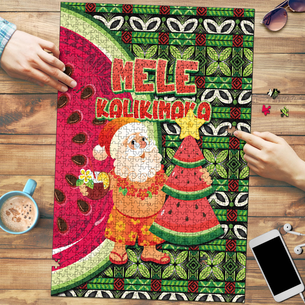 Hawaii Watermelon Mele Kalikimaka Puzzle Tribal Pacific Pattern with Tropical Funny Santa Claus LT03 Multicolor - Polynesian Pride