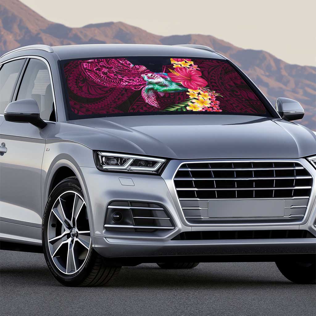 Hawaiian Plumeria and Hibiscus with Turtles Auto Sun Shade Polynesian Art Red Color - Polynesian Pride