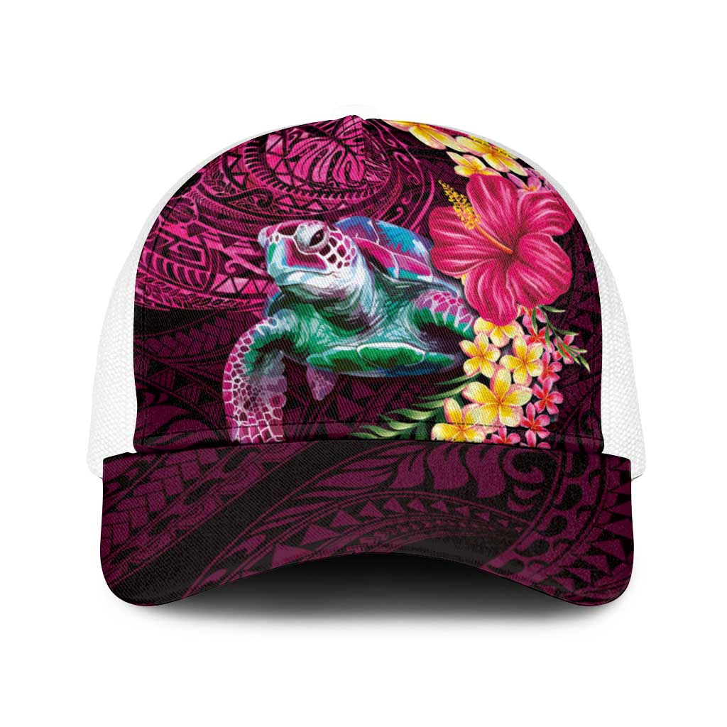 Hawaiian Plumeria and Hibiscus with Turtles Baseball Net Cap Polynesian Art Red Color - Polynesian Pride