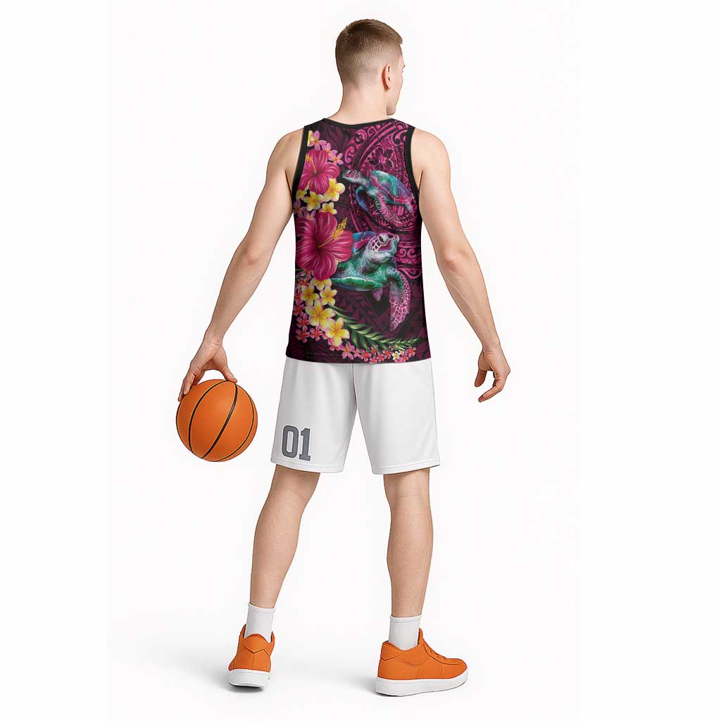 Hawaiian Plumeria and Hibiscus with Turtles Basketball Jersey Polynesian Art Red Color - Polynesian Pride