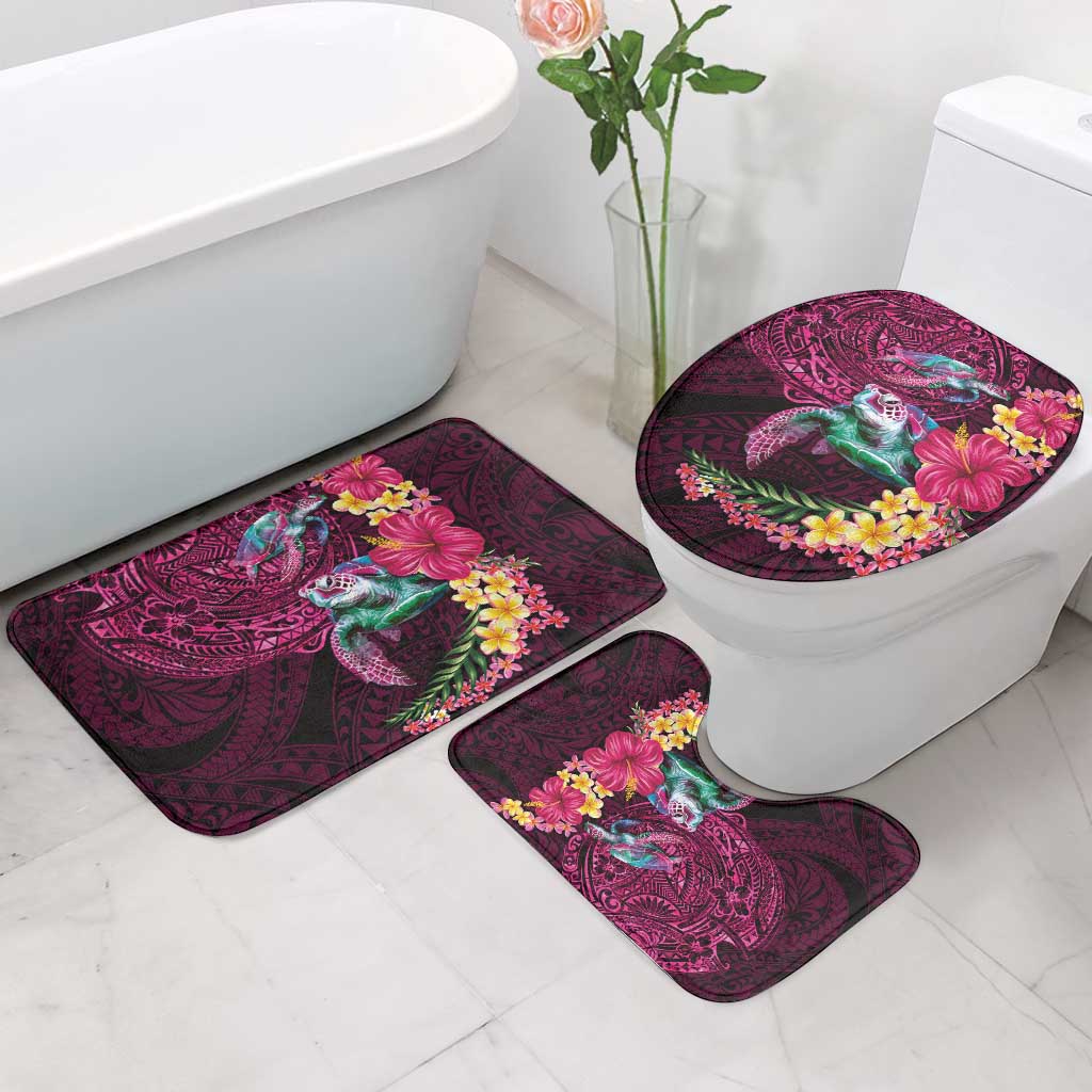 Hawaiian Plumeria and Hibiscus with Turtles Bathroom Set Polynesian Art Red Color - Polynesian Pride