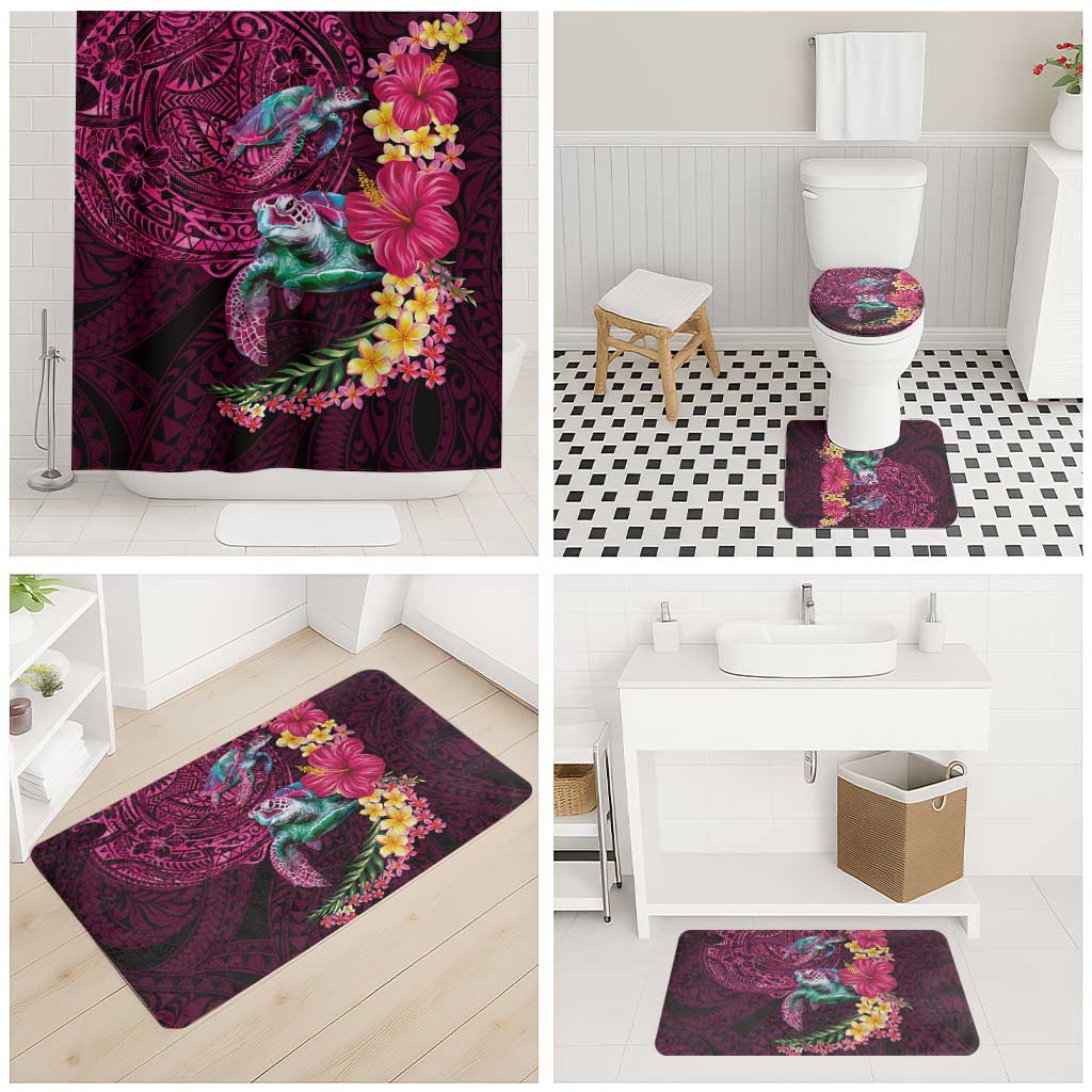 Hawaiian Plumeria and Hibiscus with Turtles Bathroom Set Polynesian Art Red Color - Polynesian Pride