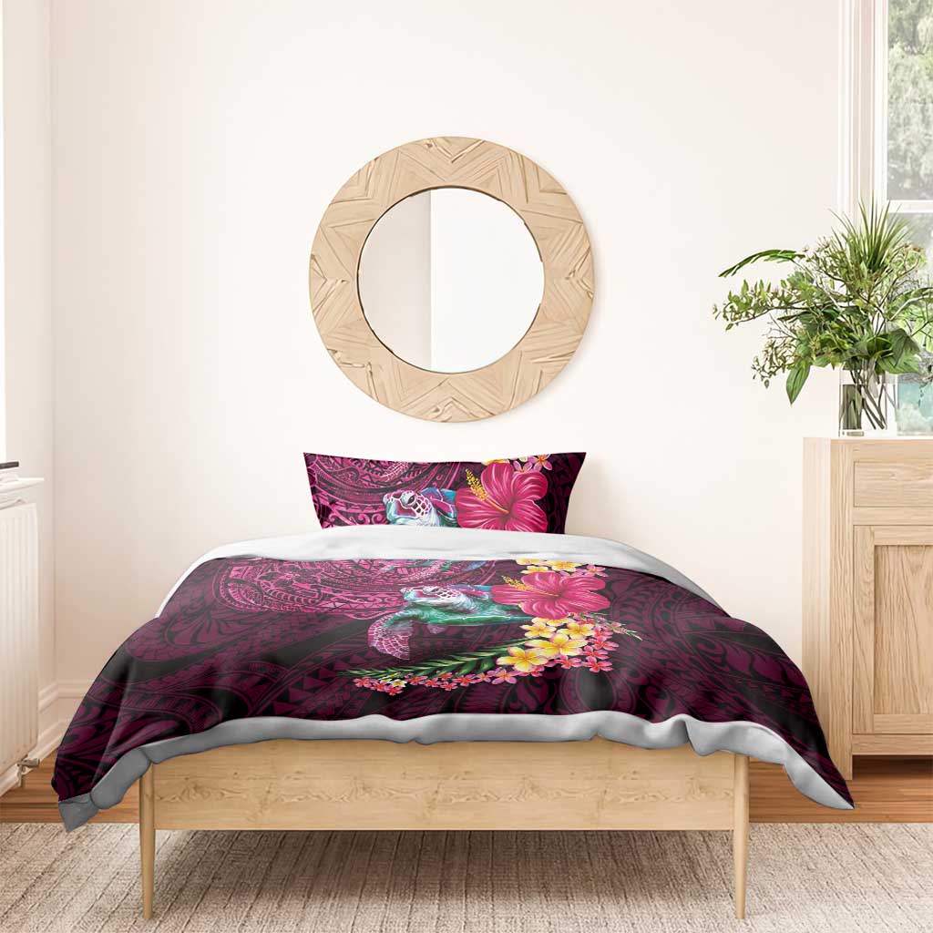 Hawaiian Plumeria and Hibiscus with Turtles Bedding Set Polynesian Art Red Color - Polynesian Pride