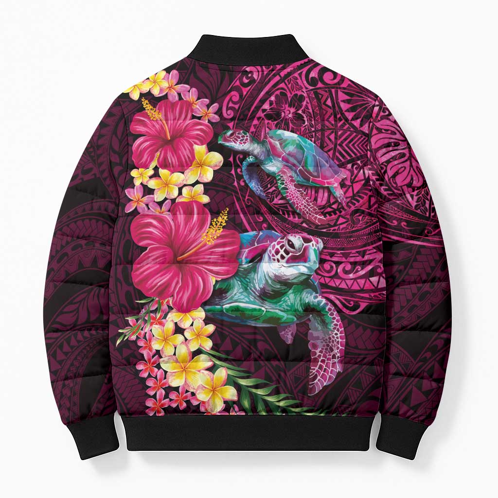 Hawaiian Plumeria and Hibiscus with Turtles Bomber Puffer Jacket Polynesian Art Red Color - Polynesian Pride