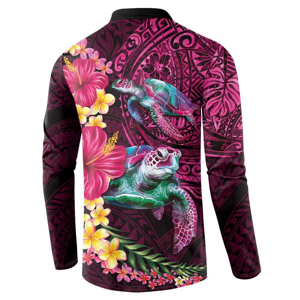 Hawaiian Plumeria and Hibiscus with Turtles Button Sweatshirt Polynesian Art Red Color - Polynesian Pride