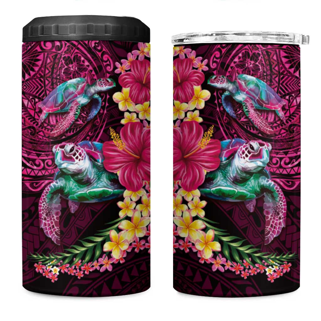 Hawaiian Plumeria and Hibiscus with Turtles 4 in 1 Can Cooler Tumbler Polynesian Art Red Color - Polynesian Pride