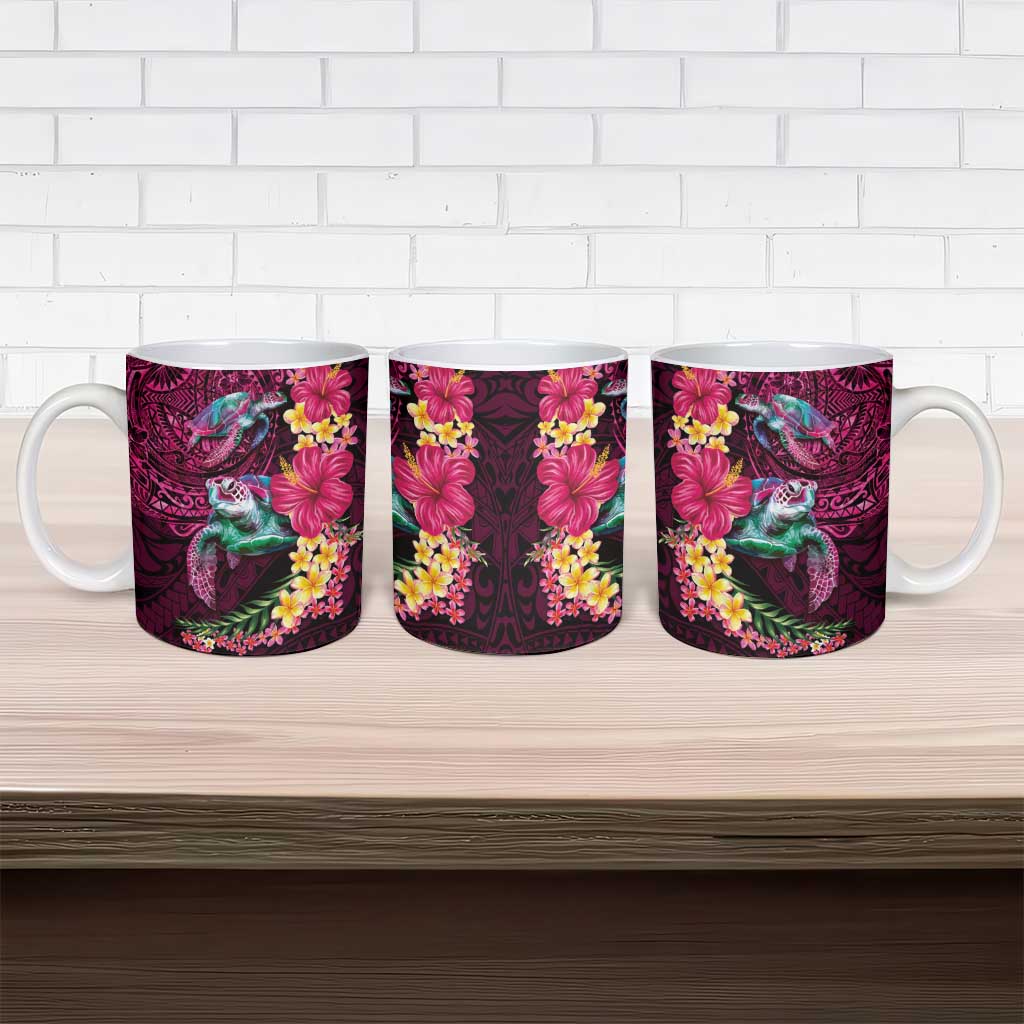 Hawaiian Plumeria and Hibiscus with Turtles Ceramic Mug Polynesian Art Red Color - Polynesian Pride